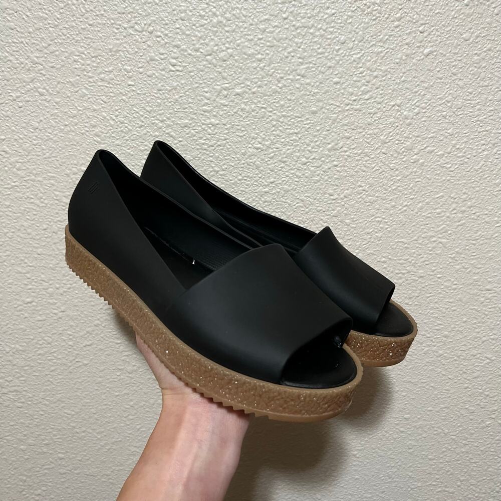 Melissa black tan PVC Puzzle Peep Toe Flats WOMENS 9